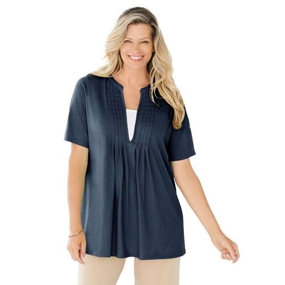 Woman Within Black Tee 7 Day Layer Look Elbow Sleeve Blouse Black White 1X 22/24 - Picture 1 of 9